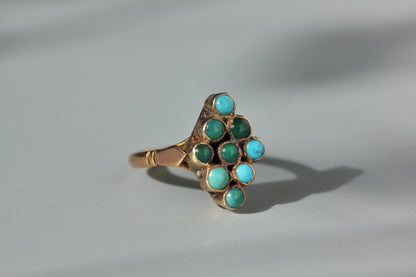 Detailed view of turquoise stones on a victorian 9ct gold ring 