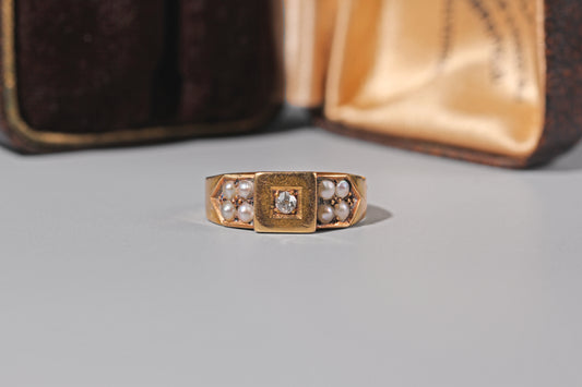 Victorian old cut diamond and pearl ring in 18ct gold with Chester hallmarks dated 1888
