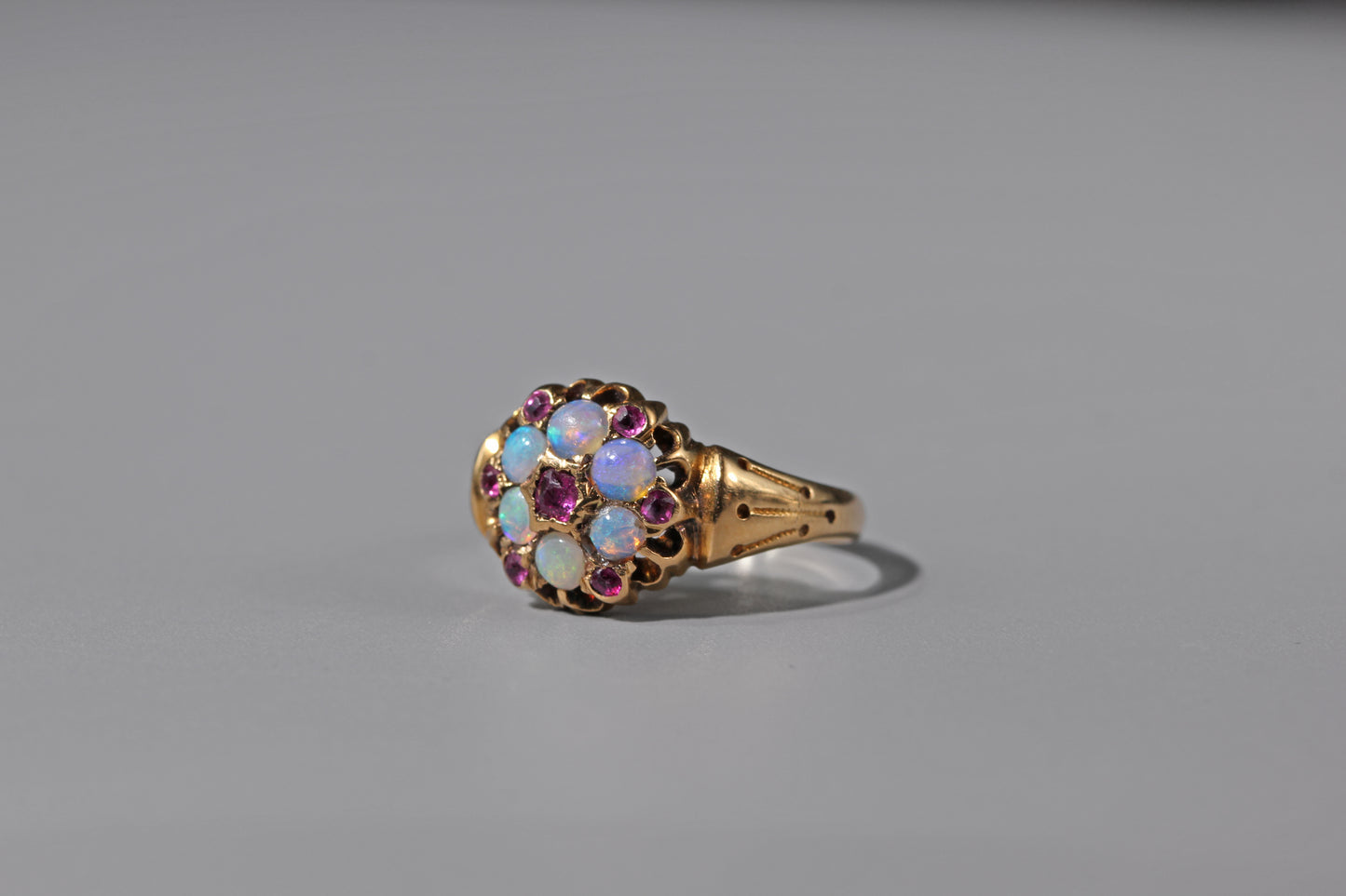 side view of victorian opal celestial ring in 18ct gold
