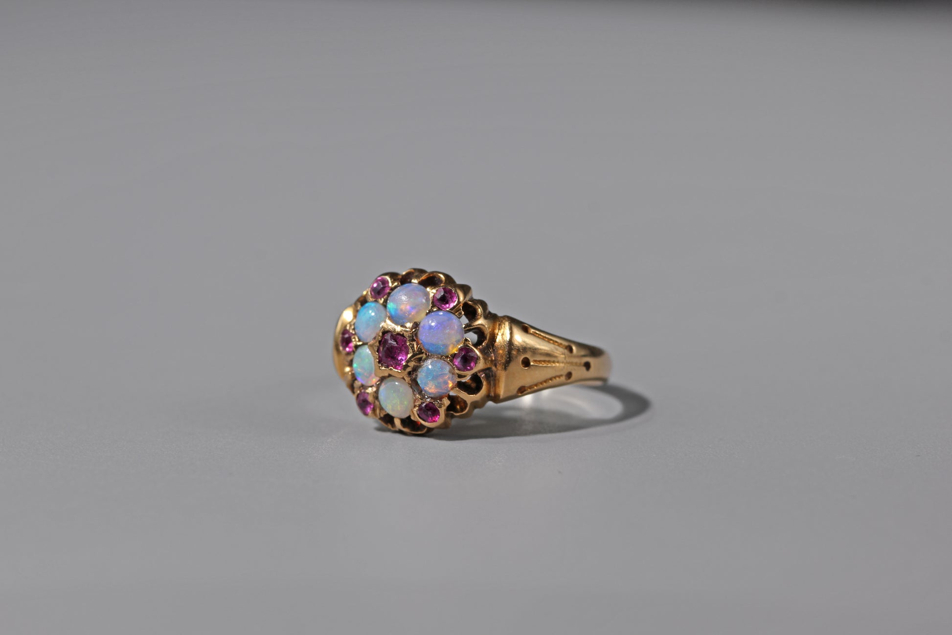 side view of victorian opal celestial ring in 18ct gold