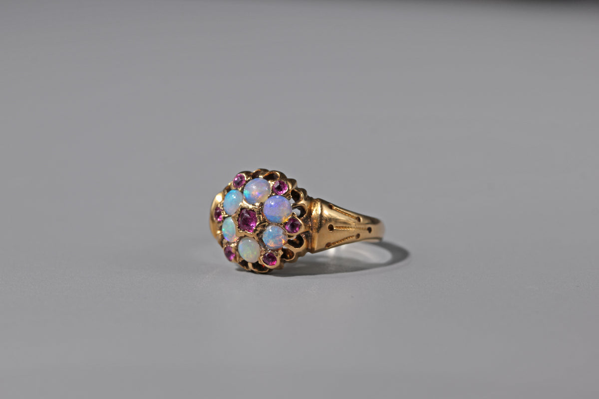 side view of victorian opal celestial ring in 18ct gold