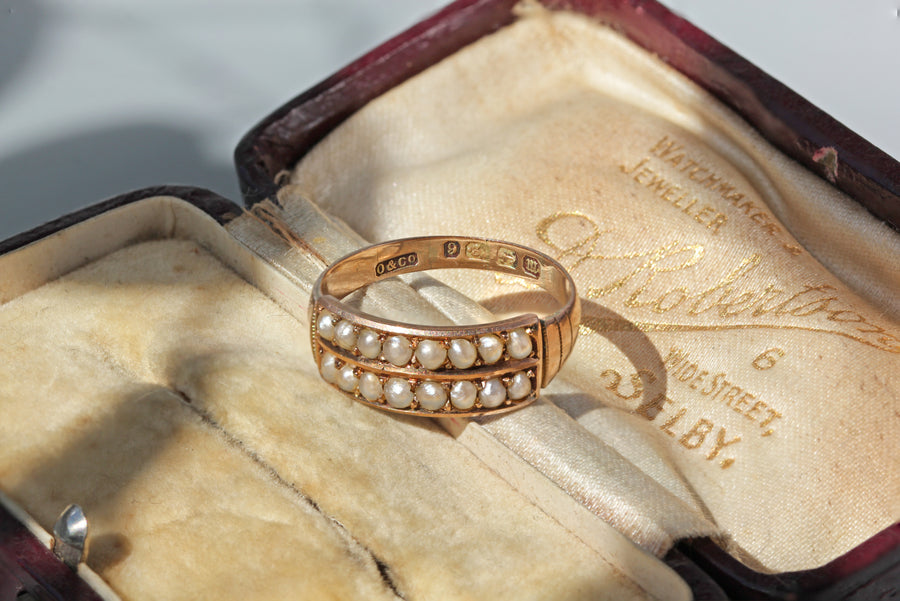 Antique victorian gold pearl channel ring with hallmarks