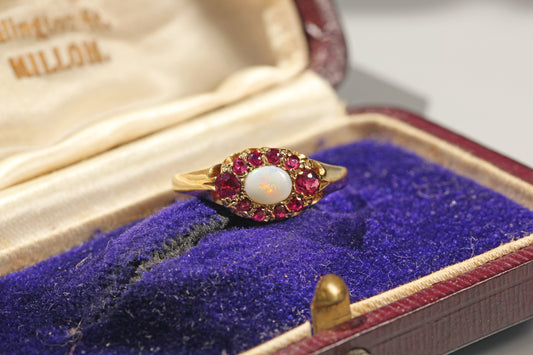 Vintage 9ct gold opal and ruby cluster ring with marquise-shaped cluster